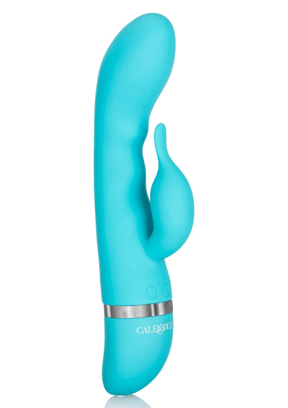 Turquoise dubbel-gebogen clitorisvibrator met knopmarkering op basis