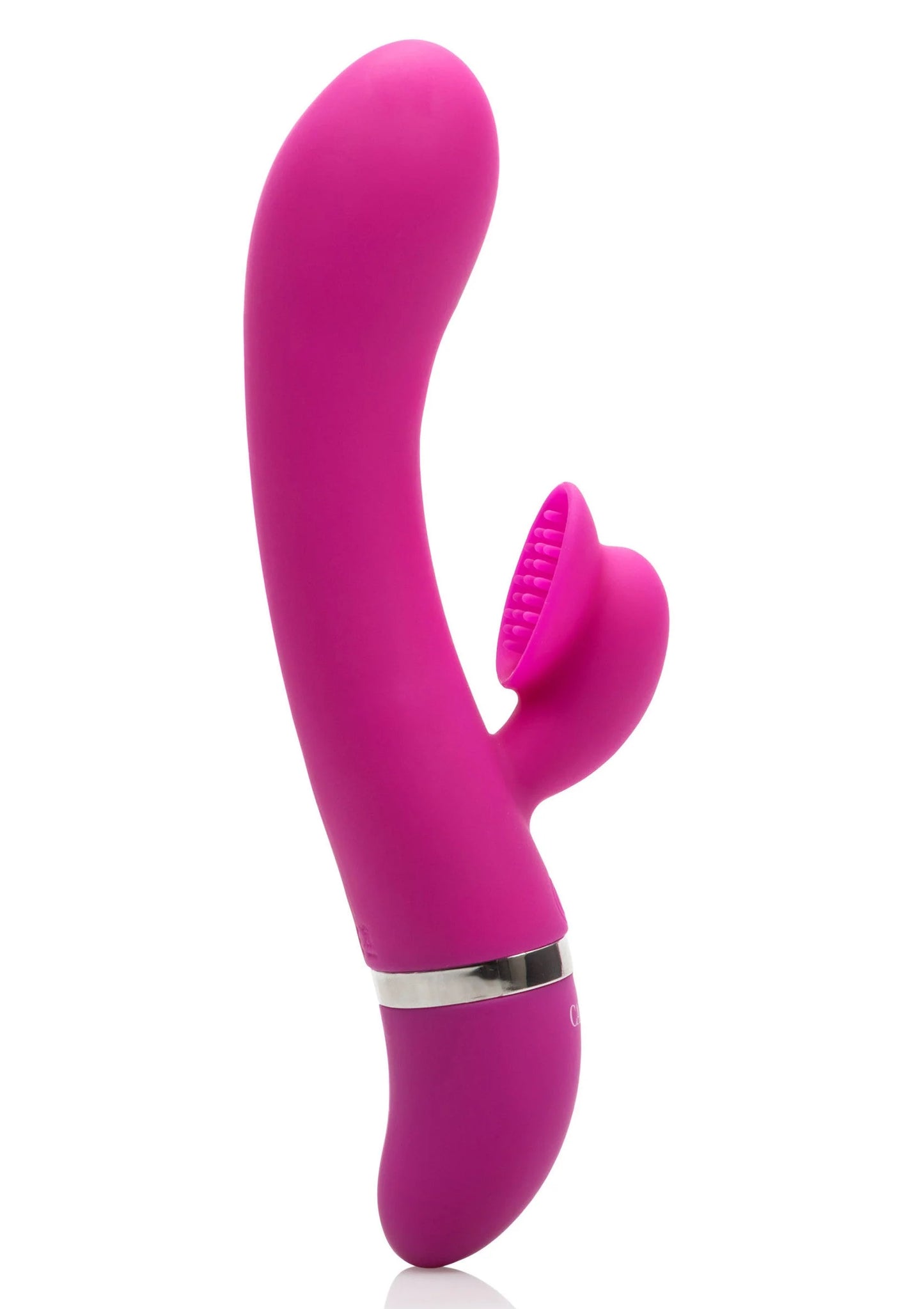 Roze gebogen clitorisvibrator met nopjes op de brede stimuleringskop