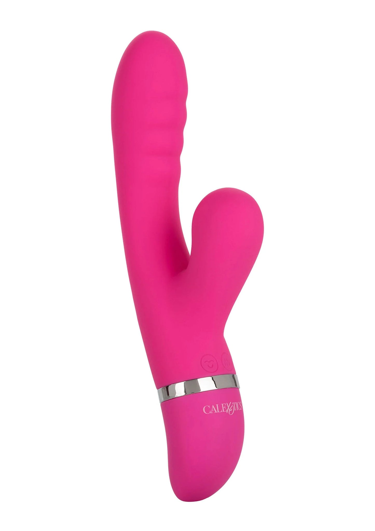 Roze siliconen vibrator met metalen ring en gebogen dubbele vorm