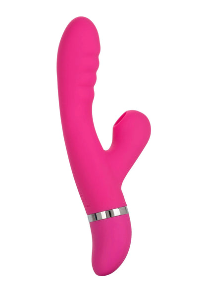 Roze V-vormige vibrator met dubbele uitloop en zilveren ring bij de basis