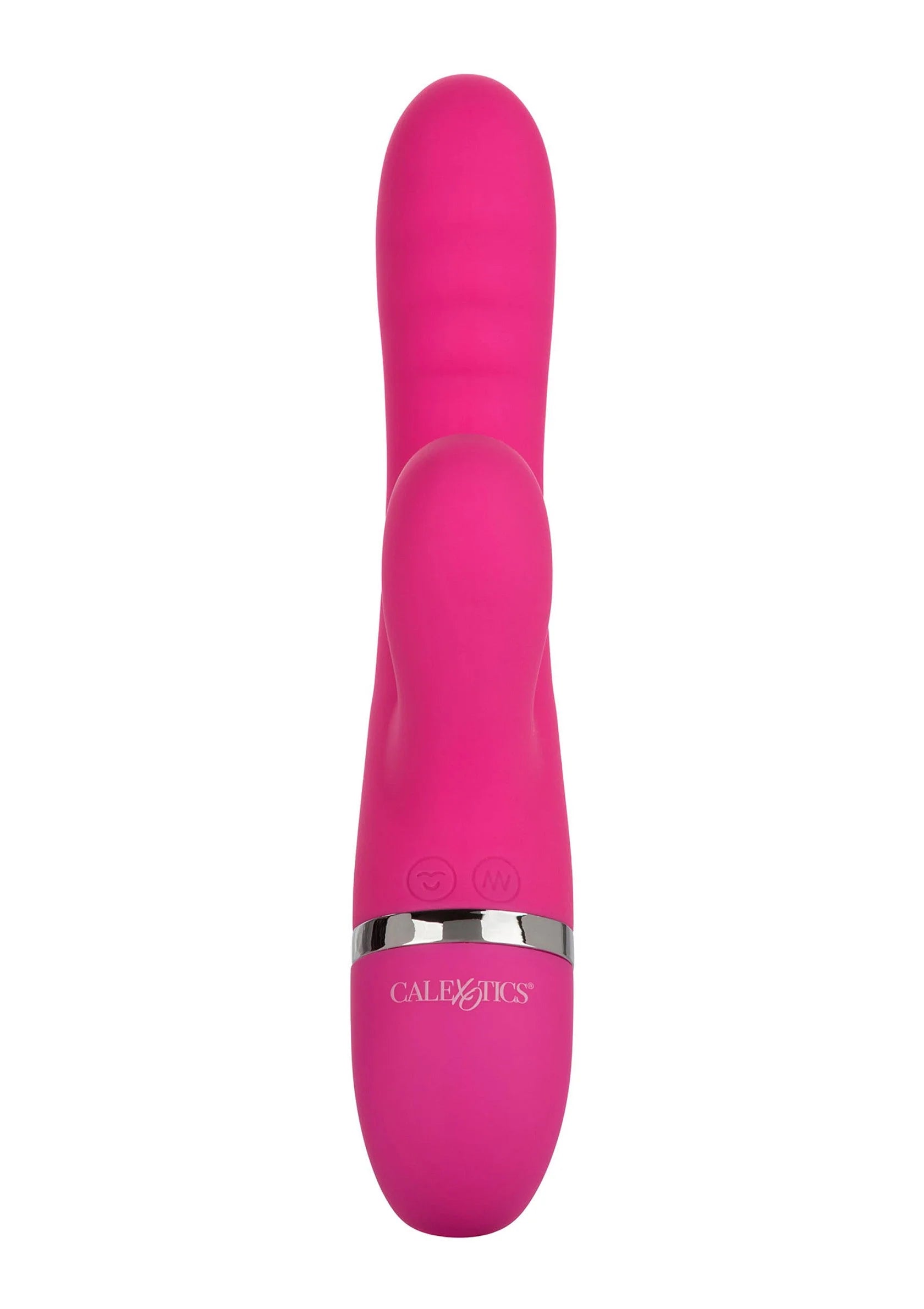 Roze V-vormige vibrator met dubbele uitloop en CalExotics-logo op de basis