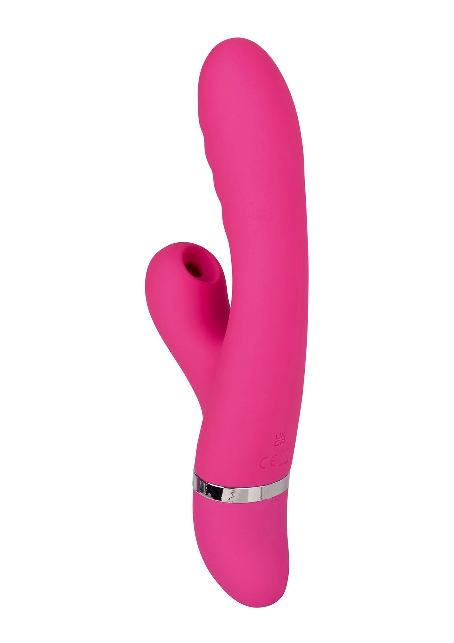 Roze V-vormige vibrator met dubbele uitloop en gladde achterkant