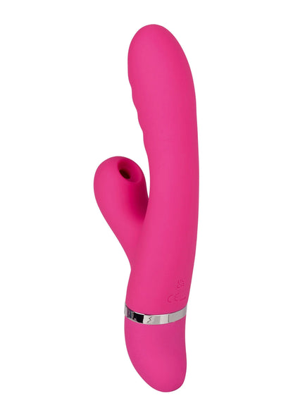 Roze V-vormige vibrator met dubbele uitloop en gladde achterkant
