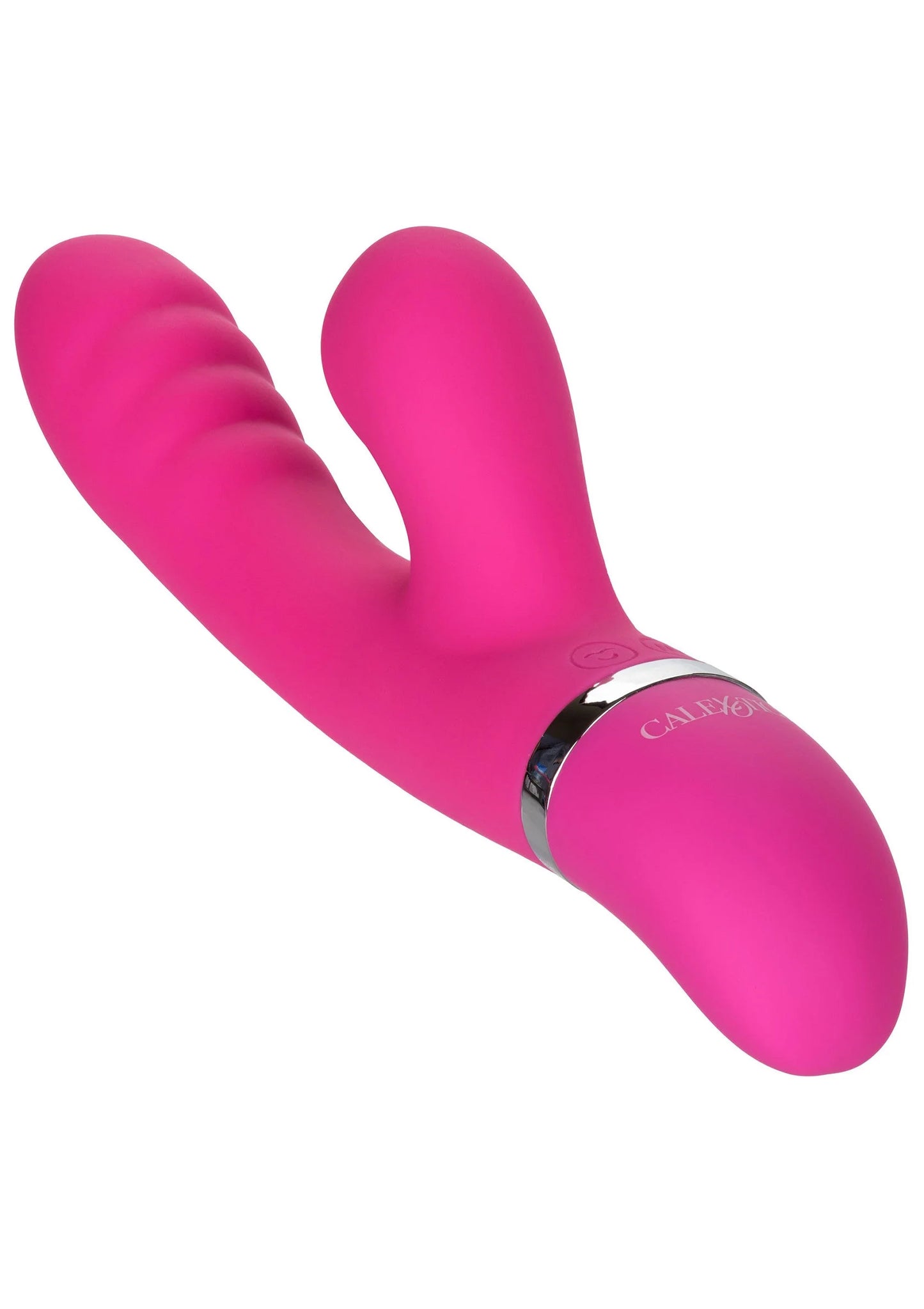 Roze V-vormige vibrator in zijaanzicht met zilveren ring bij de basis