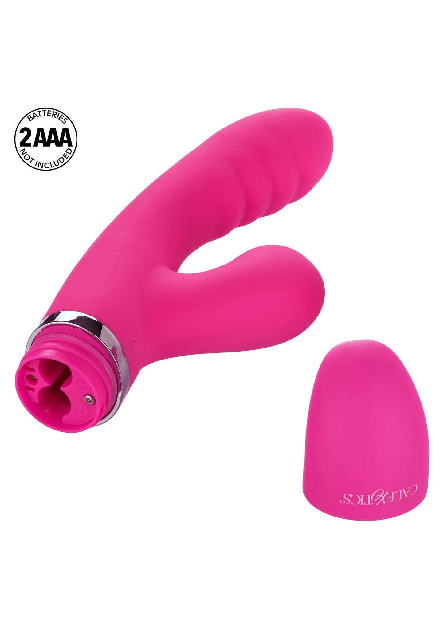Roze vibrator met dubbel uiteinde en verwijderbare behuizing; batterijvak voor 2 AAA
