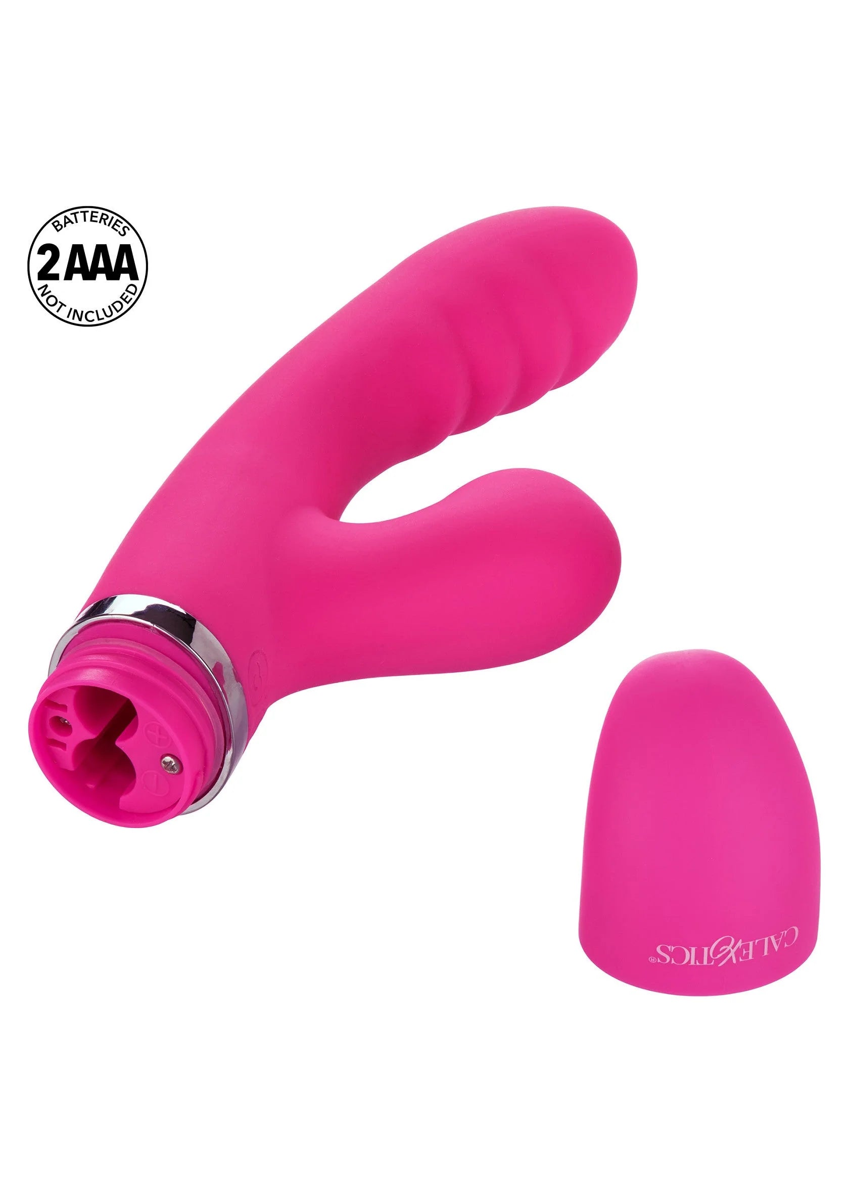 Roze vibrator met dubbel uiteinde en verwijderbare behuizing; batterijvak voor 2 AAA