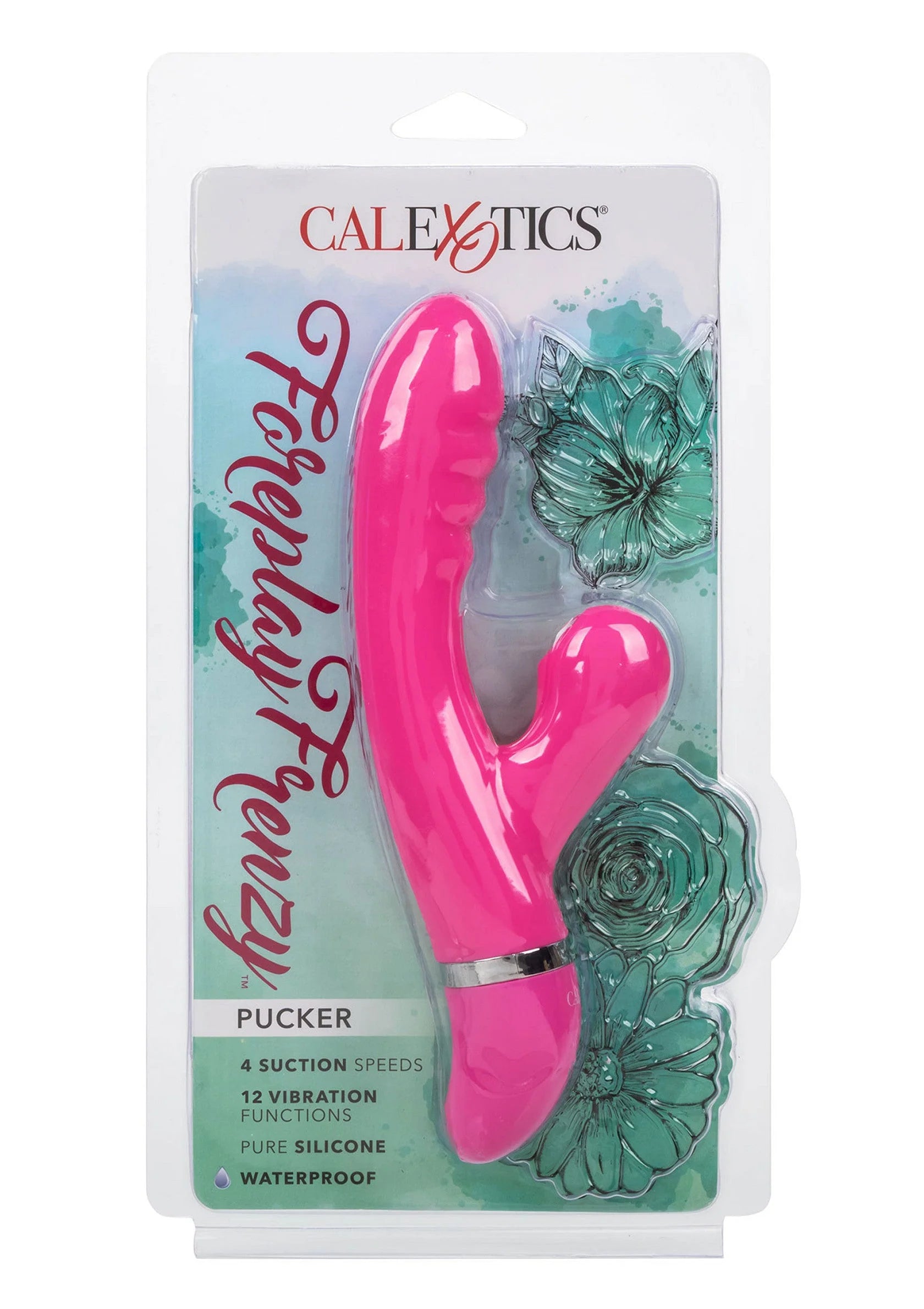 Verpakking van CalExotics Pucker: roze siliconen vibrator met noppen en 12 functies