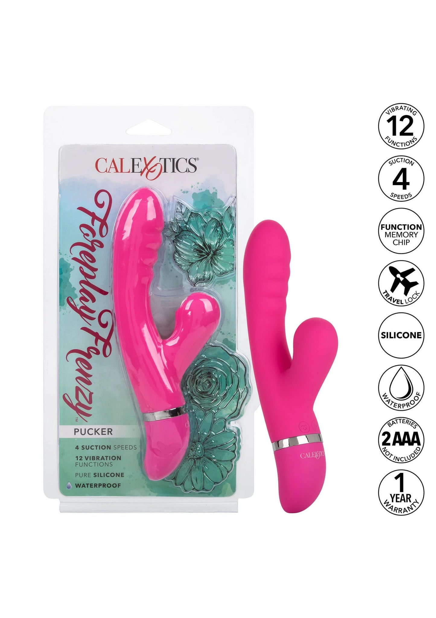 Verpakte CalExotics Pucker vibrator in roze: 12 functies, 4 standen, 2 AAA, siliconen
