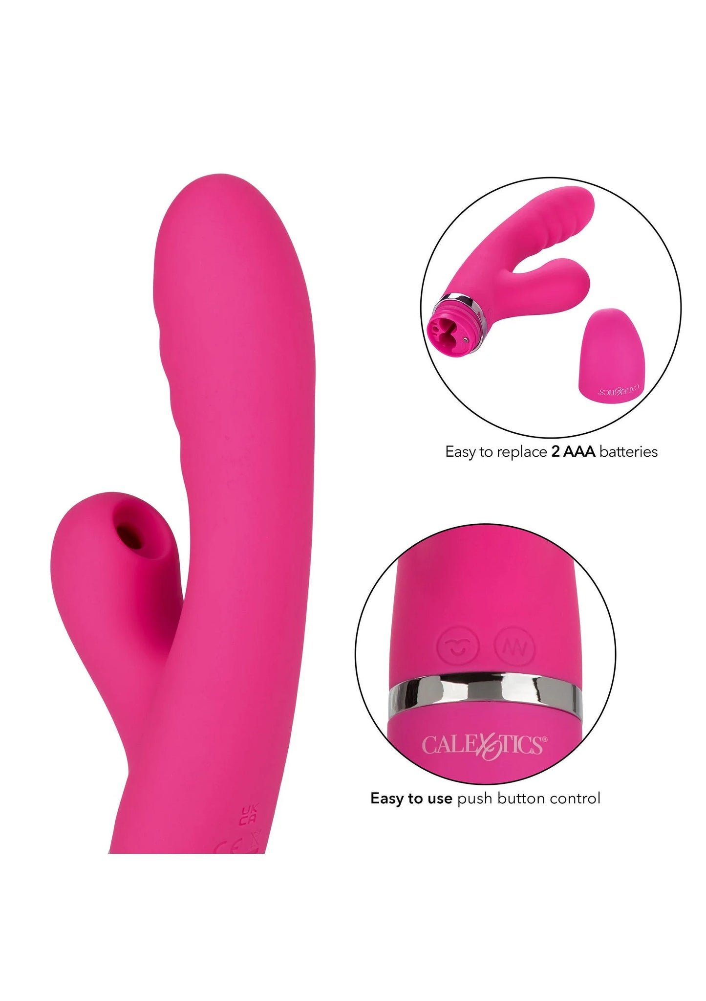 Roze V-vormige vibrator met dubbele uitloop en ronde bedieningsknop bij de basis