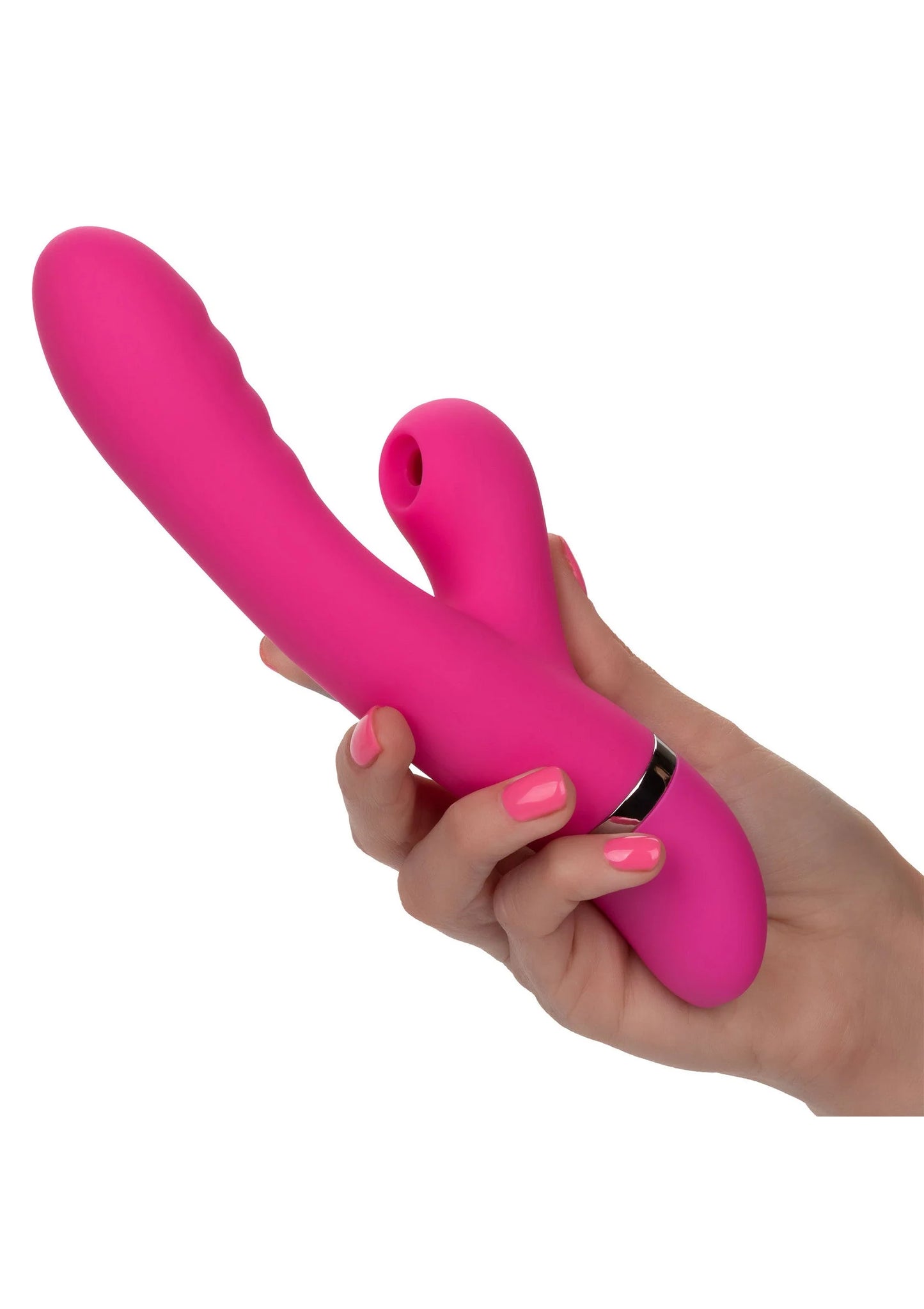 Roze V-vormige vibrator met dubbele uitloop, vastgehouden in de hand