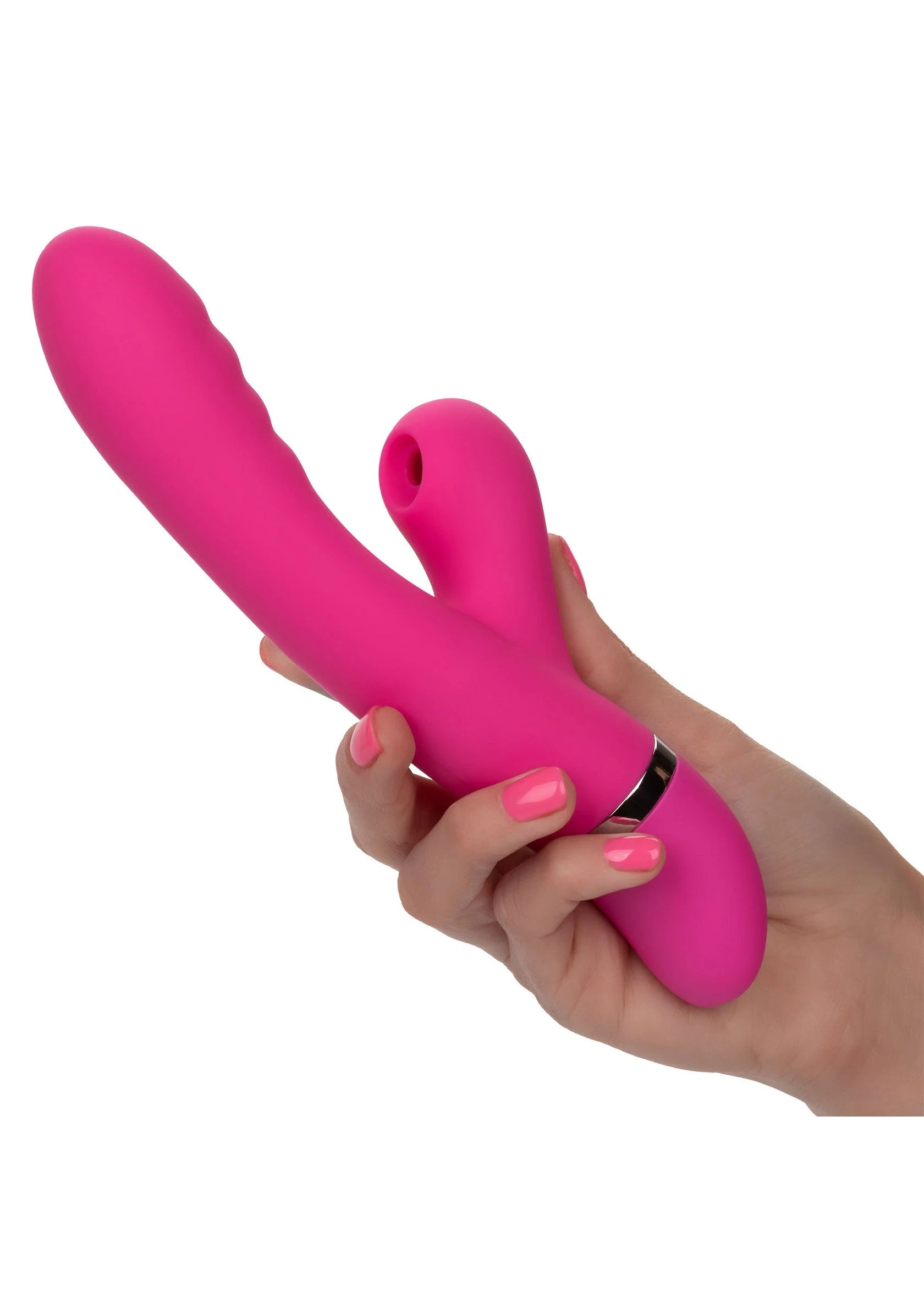 Roze V-vormige vibrator met dubbele uitloop, vastgehouden in de hand