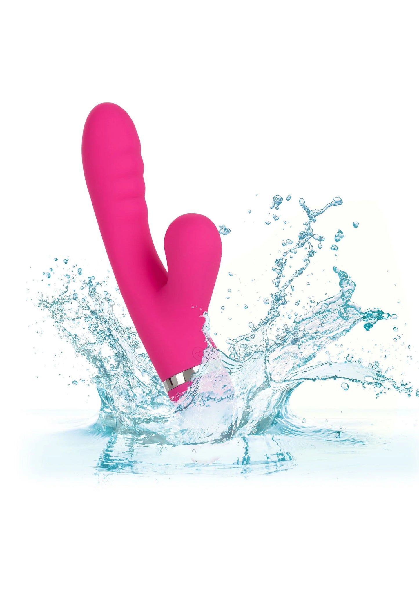 Roze V-vormige vibrator met dubbele uitloop, staande zijkant