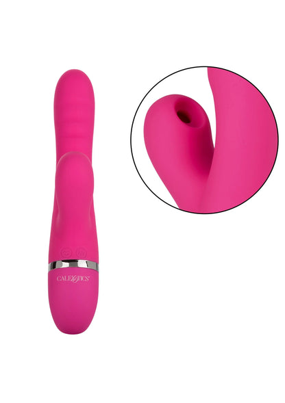 Roze V-vormige vibrator met zilveren ring en ronde opening bij de kop