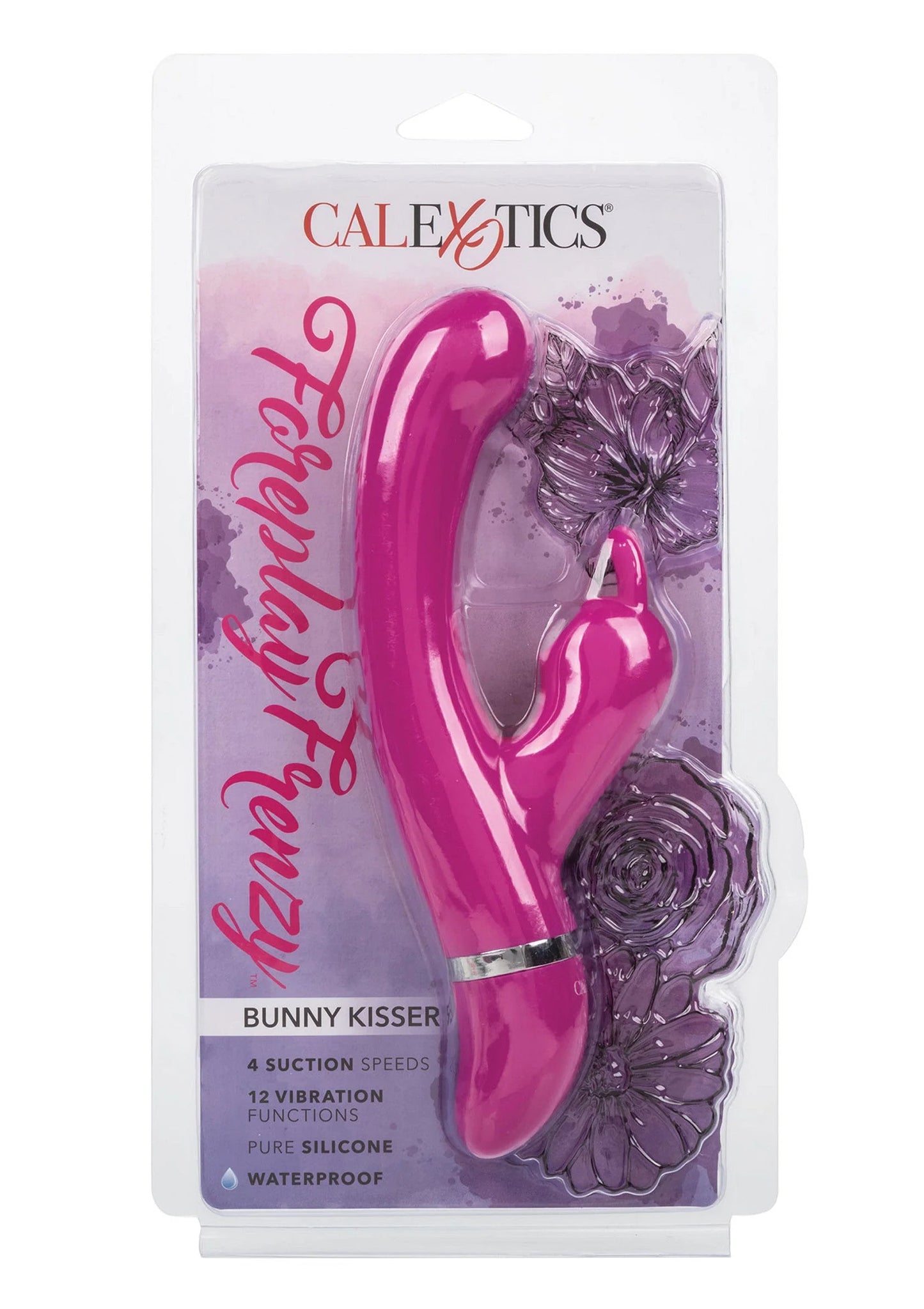 CalExotics bunny-kisser verpakking met paars roze toy zichtbaar