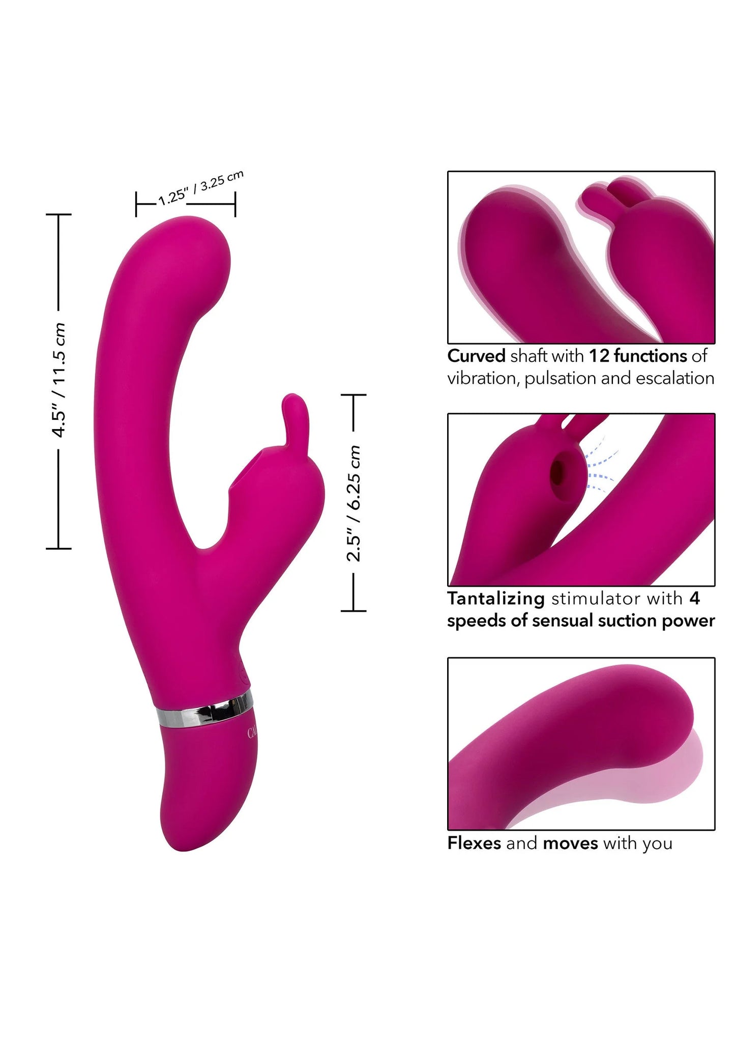 Vibrerende bunny-kisser met afmetingen en details van zuig- en stimsnelheden
