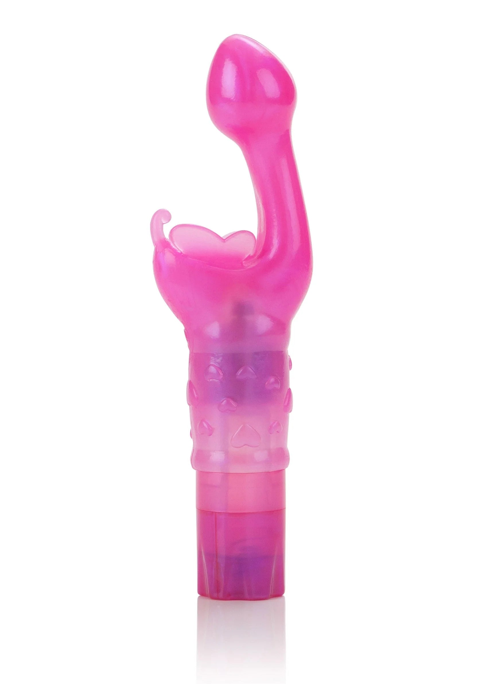 Roze G-spot vibrator rechtop met gebogen kop en hartvormige detail op het opzetstuk