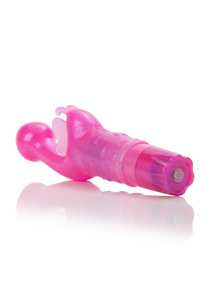 Roze G-spot vibrator zijdelings met brede vleugels en transparante handgreep