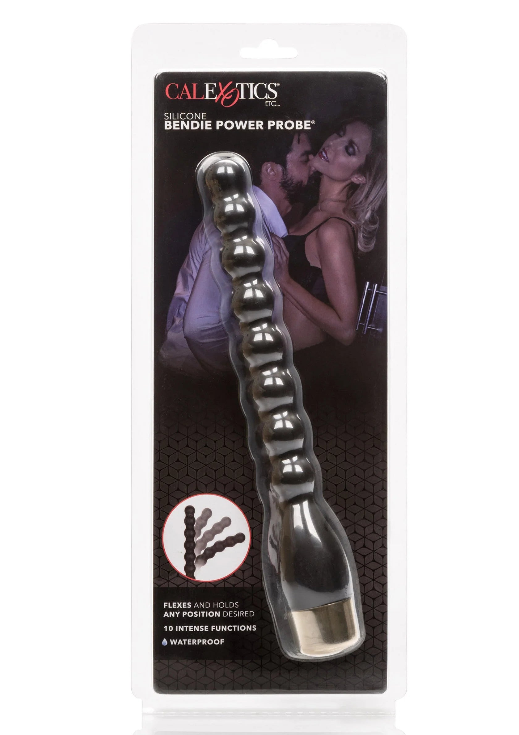 CalExotics doos met Bendie Power Probe, zwarte geribbelde siliconen vibrator en zilveren aanzet.