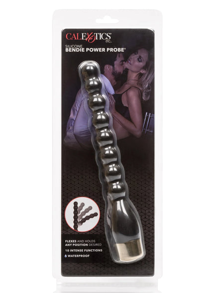 CalExotics doos met Bendie Power Probe, zwarte geribbelde siliconen vibrator en zilveren aanzet.