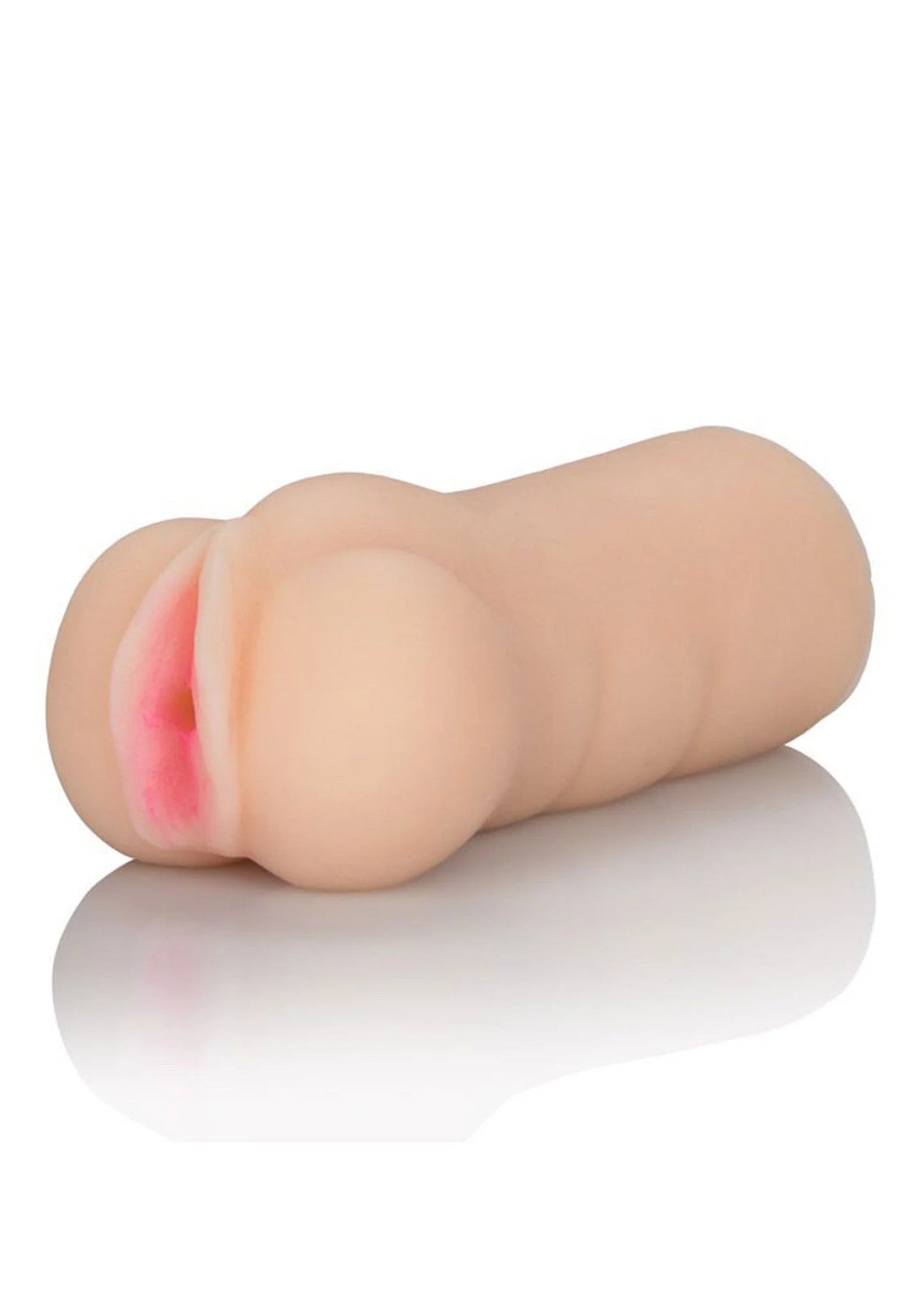 Lichtroze cilindrische masturbator, zijkant met zachte textuur en open uiteinde.