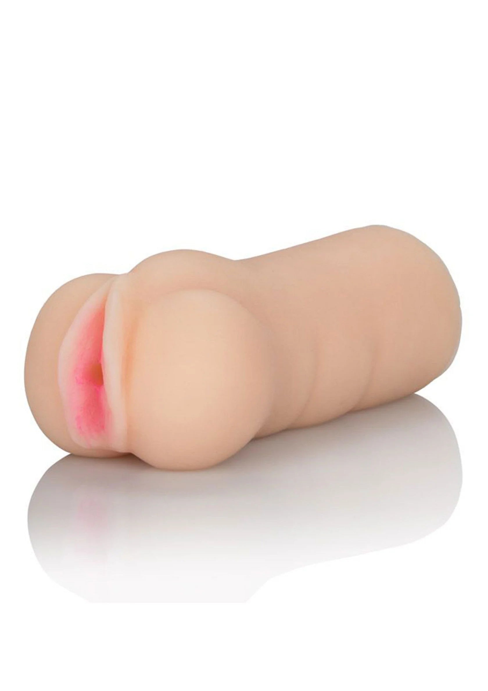 Lichtroze cilindrische masturbator, zijkant met zachte textuur en open uiteinde.