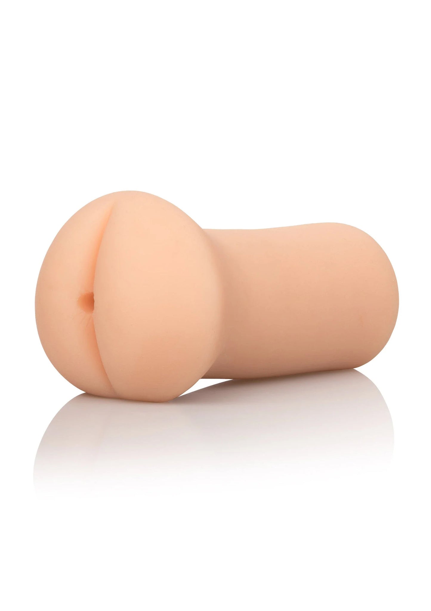 Huidkleurige masturbator met ronde opening aan één uiteinde, zijaanzicht