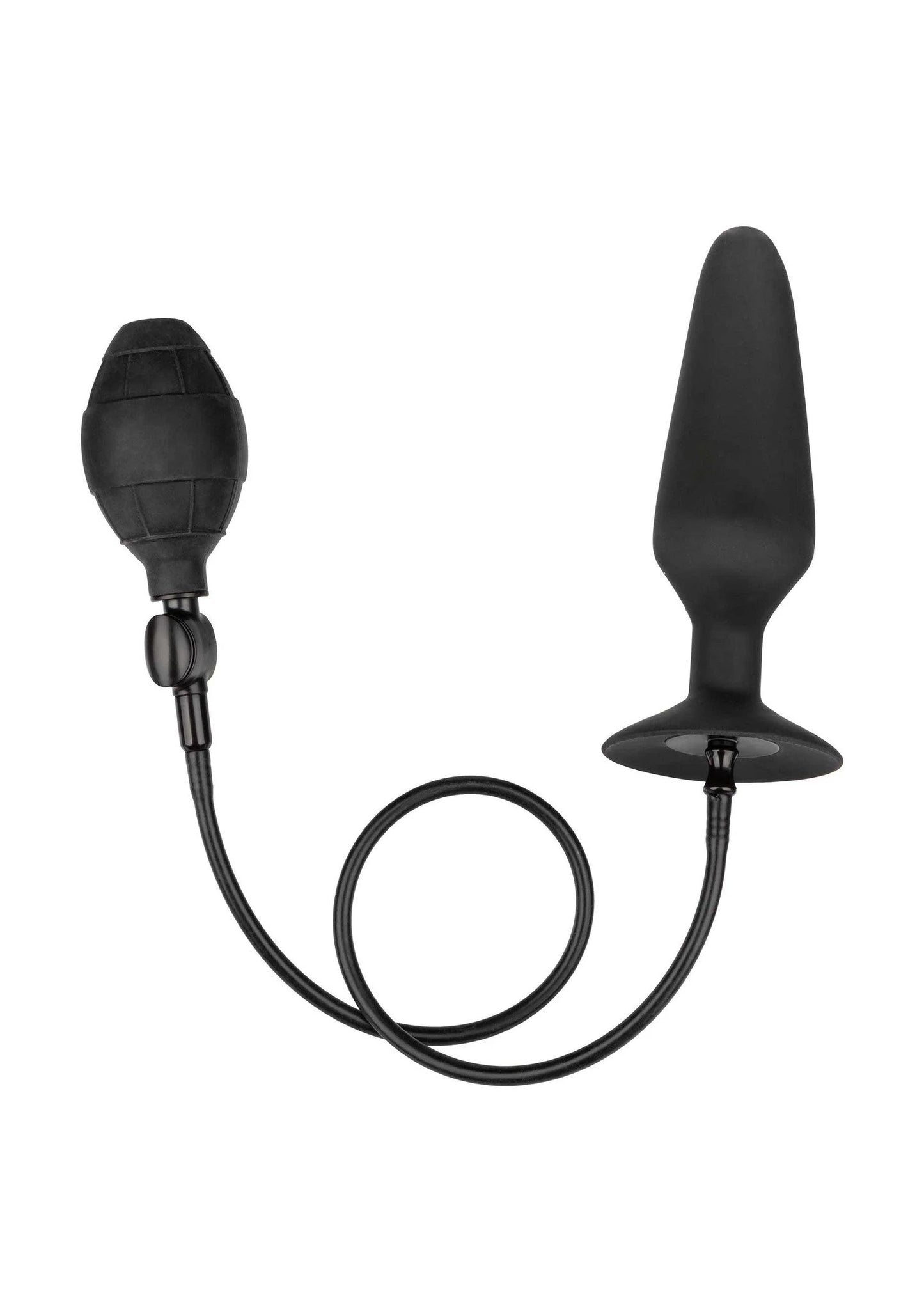 Zwarte pumperplug met afneembare slang en pompgedeelte, volledig in beeld