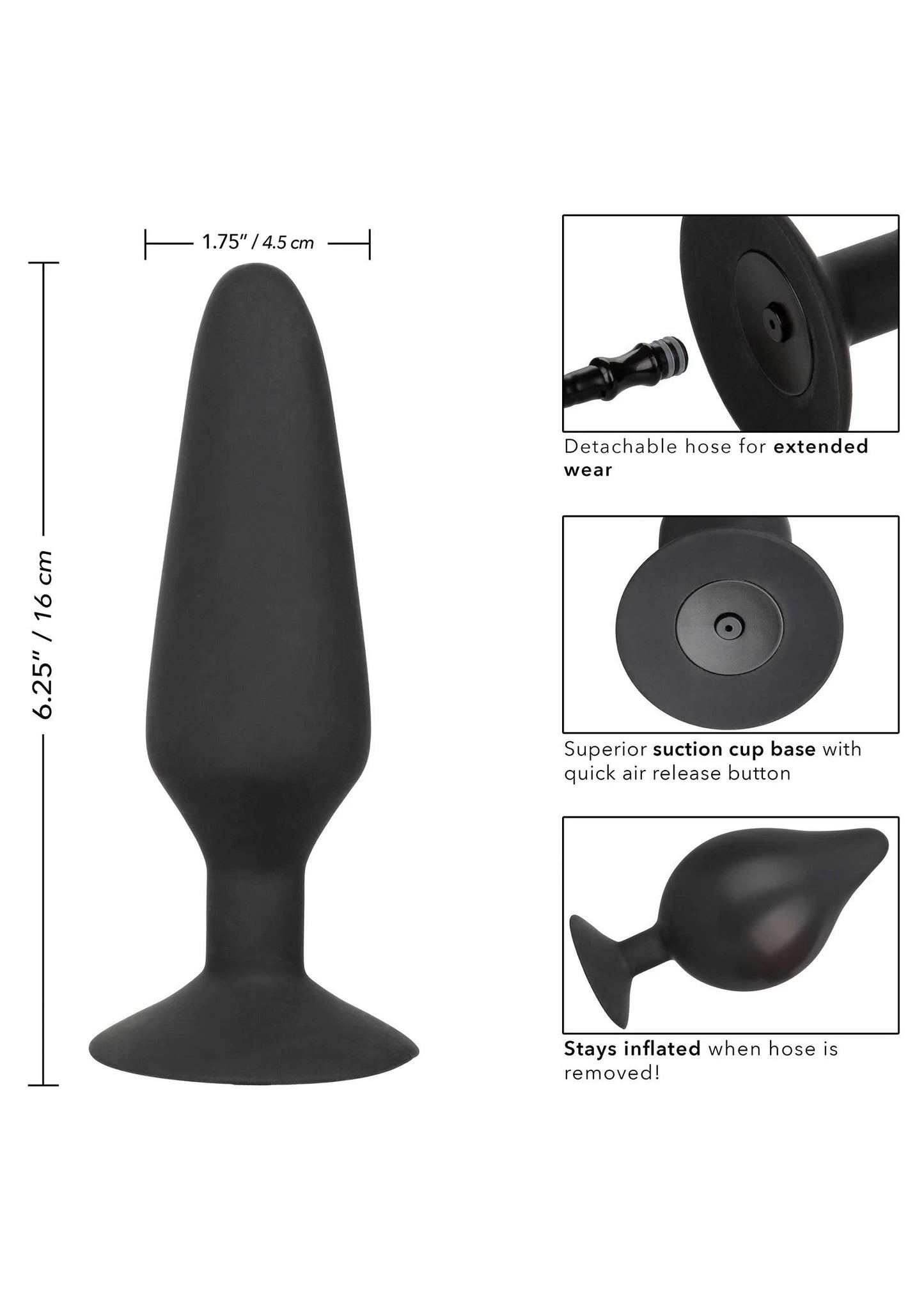 Zwarte pumperplug met conische vorm en brede voet, met afneembare slang-aansluiting