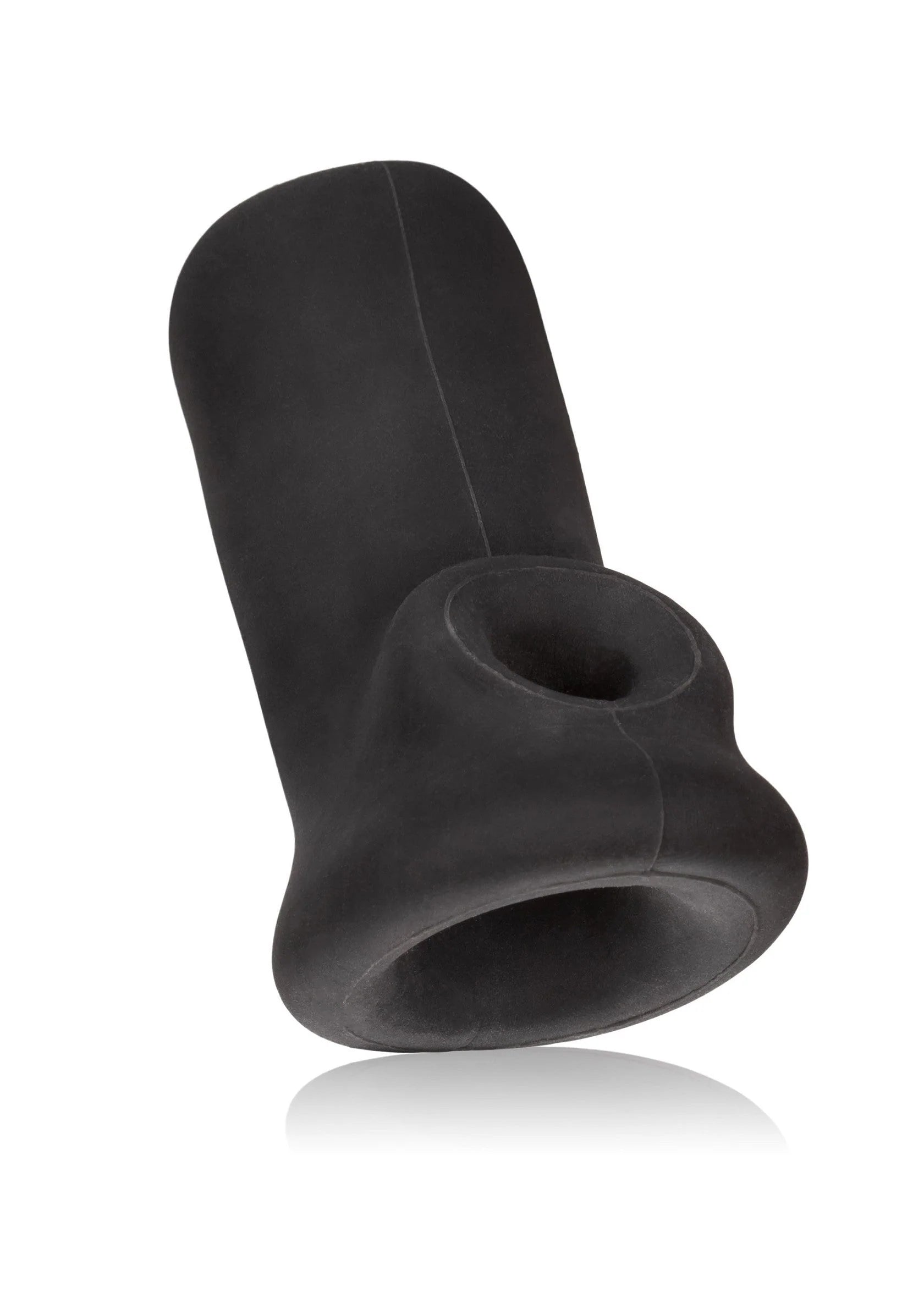 Zwarte penissleeve met open uiteinde en brede rand; zachte, licht gebogen vorm