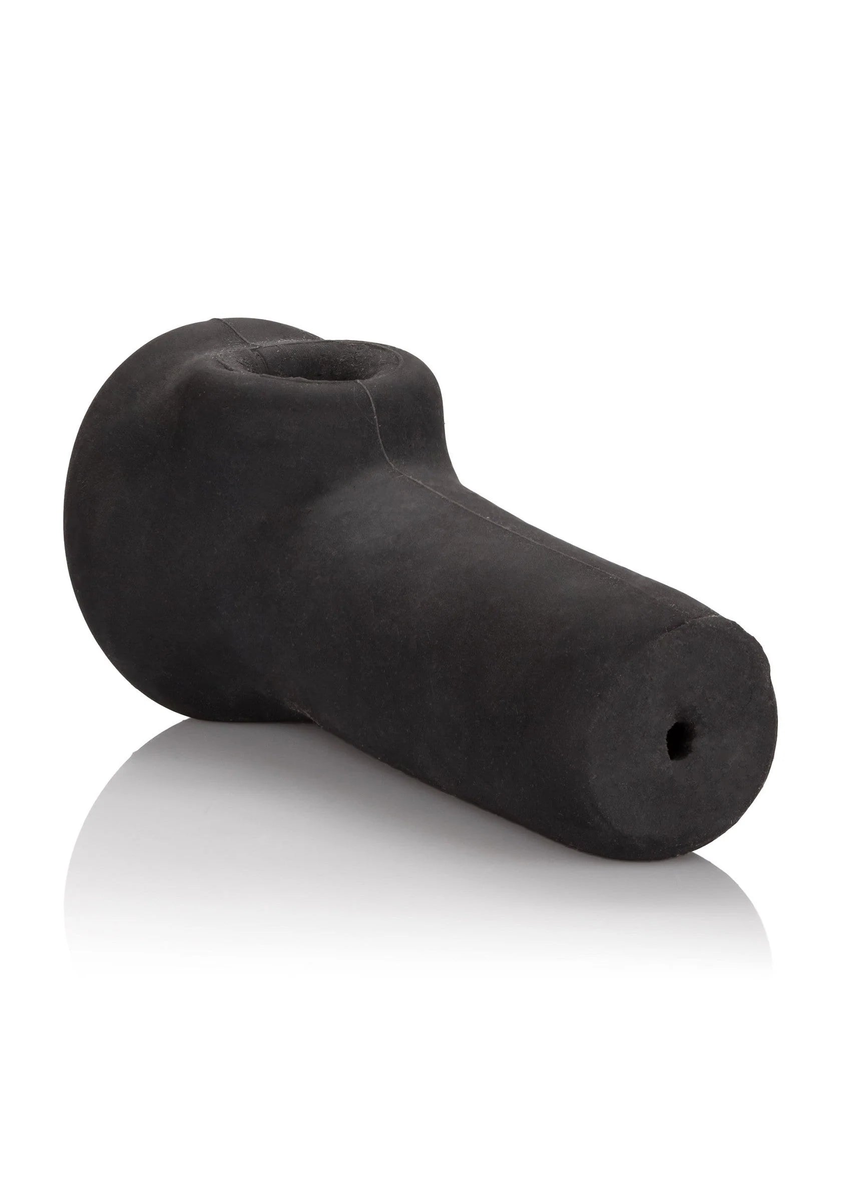 Zwarte penissleeve met afgeronde kop, brede basis en klein gaatje aan de zijkant
