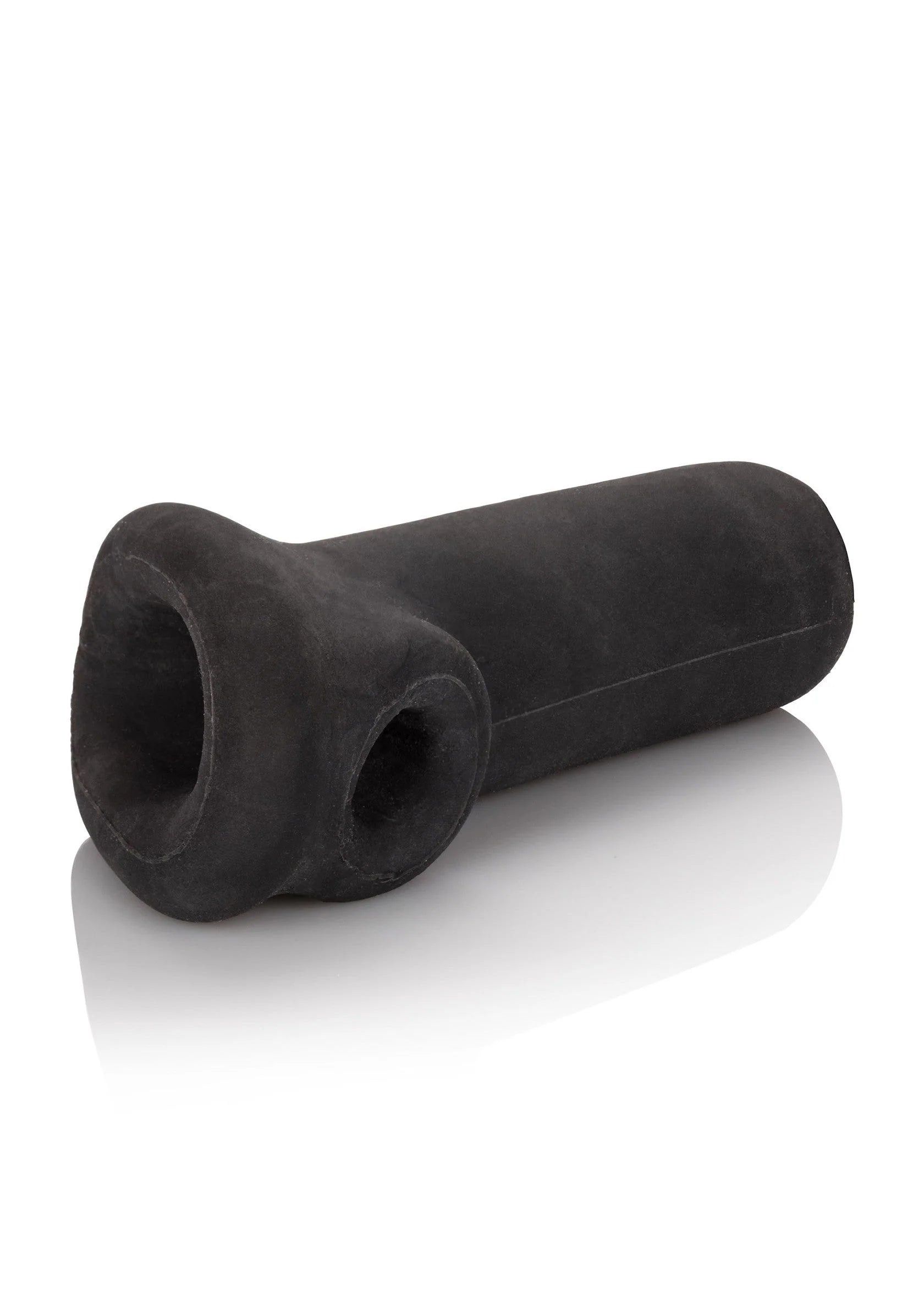 Zwarte penissleeve met brede schacht en ronde opening aan de basiszijde