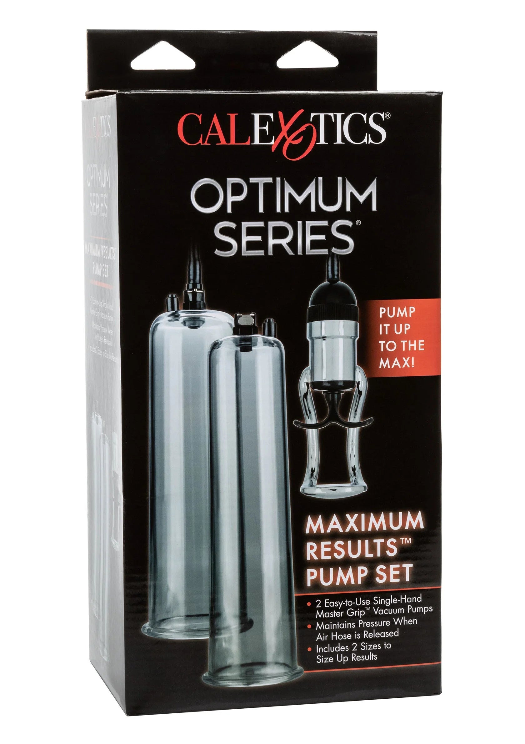 Calexotics Optimum Series pomp-set in verpakking, met twee zilverkleurige cilinders