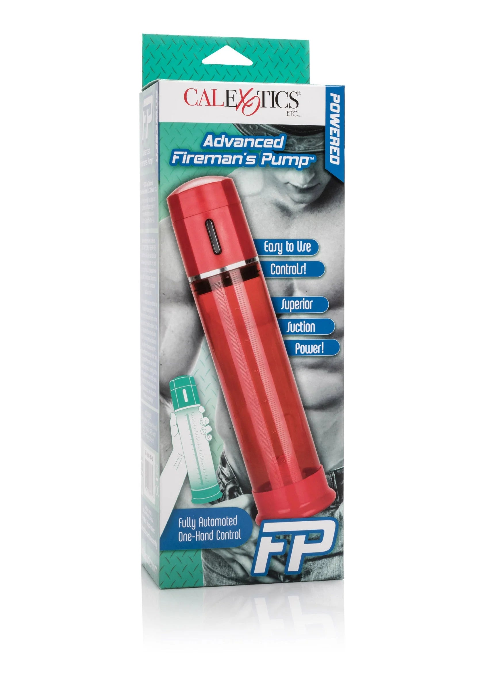 Productverpakking met CalExotics FireMan's Pump en rode pomp afgebeeld