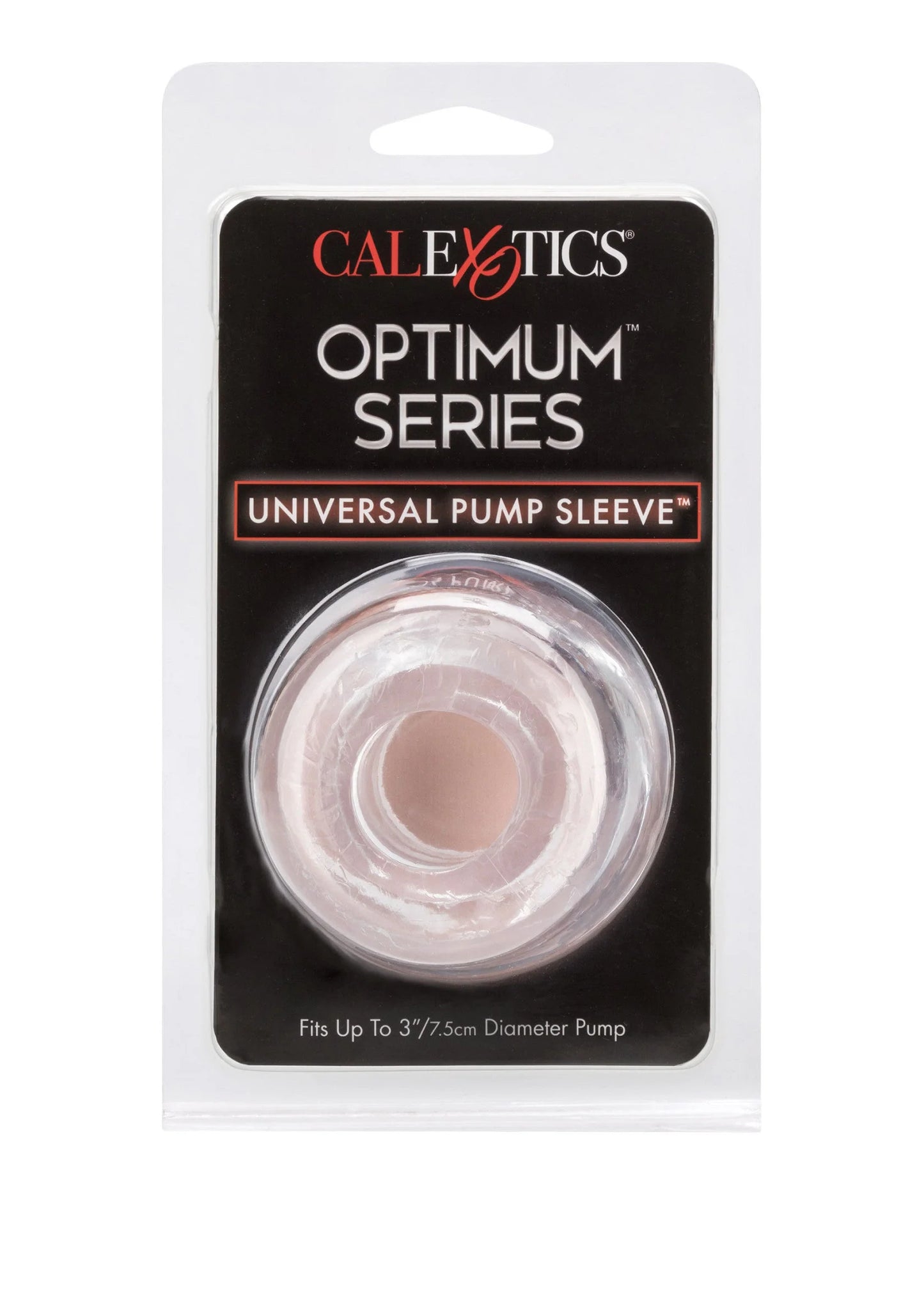 CalExotics Optimum Series universele pompmouw, transparante huls op blisterverpakking.