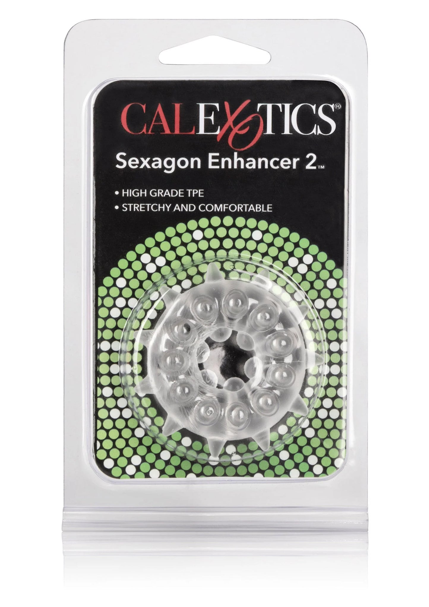Verpakte CalExotics Sexagon Enhancer 2 op kaart met groen patroon