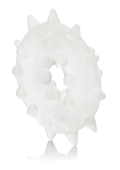 Witte ronde enhancer met randnoppen en centrale opening, zijaanzicht