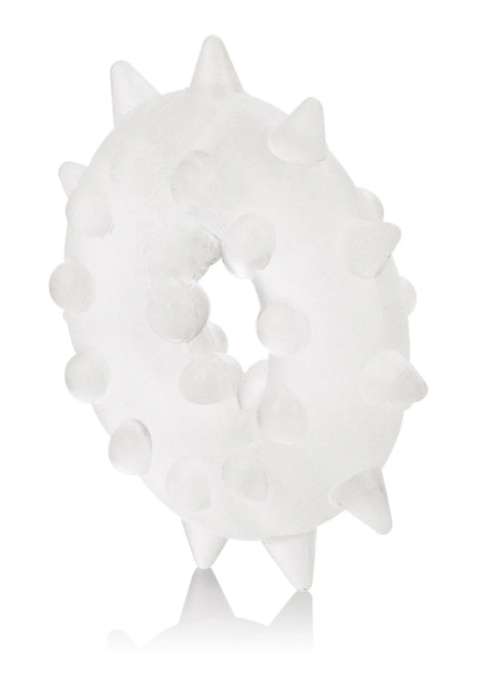 Witte ronde enhancer met randnoppen en centrale opening, zijaanzicht