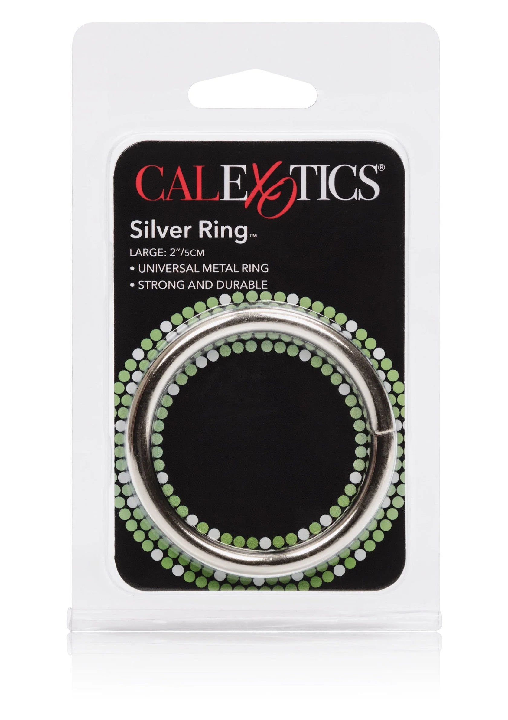 CalExotics zilveren ringverpakking met groene steentjesrand