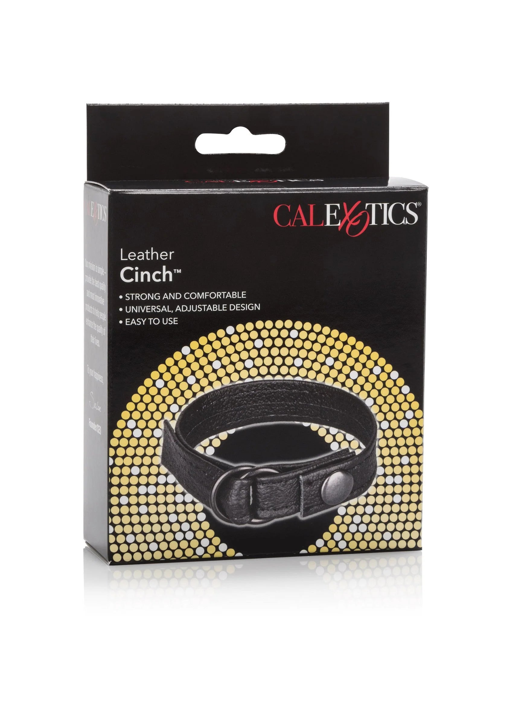 CalExotics Leather Cinch leren penisring verpakking met ringfoto en productdetails