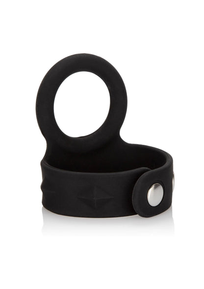 Zwarte siliconen scrotum steunring met ronde opening en tri-snap sluiting