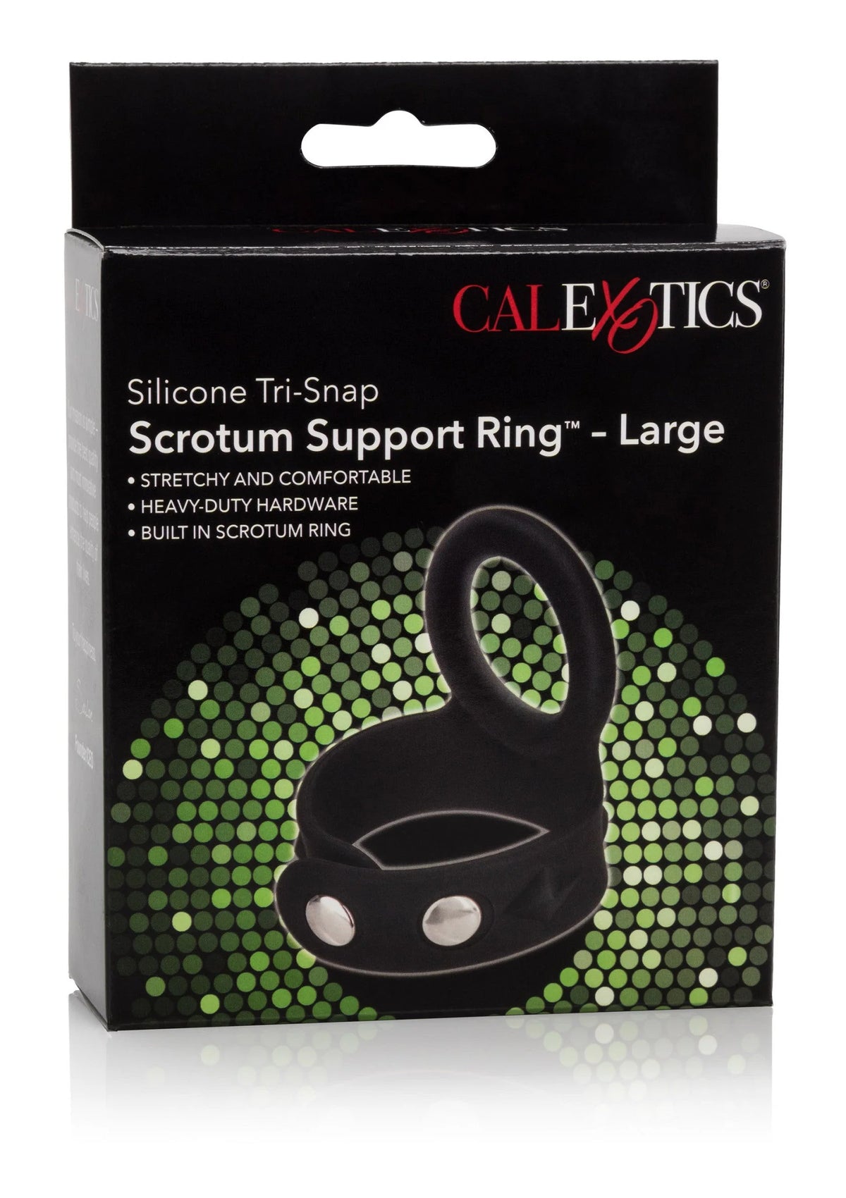 CalExotics siliconen tri-snap scrotum ring Large, zwarte verpakking