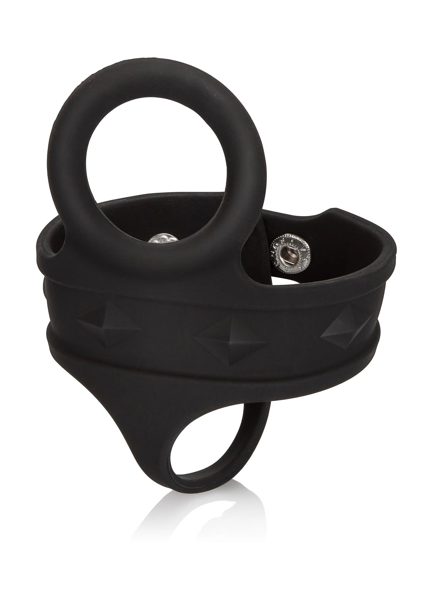 Zwarte siliconen tri-snap ball-spreader met handvatring en metalen snaps