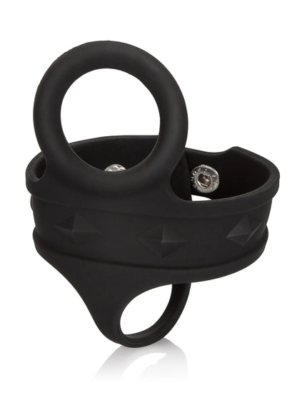 Zwarte siliconen tri-snap ball-spreader met handvatring en metalen snaps
