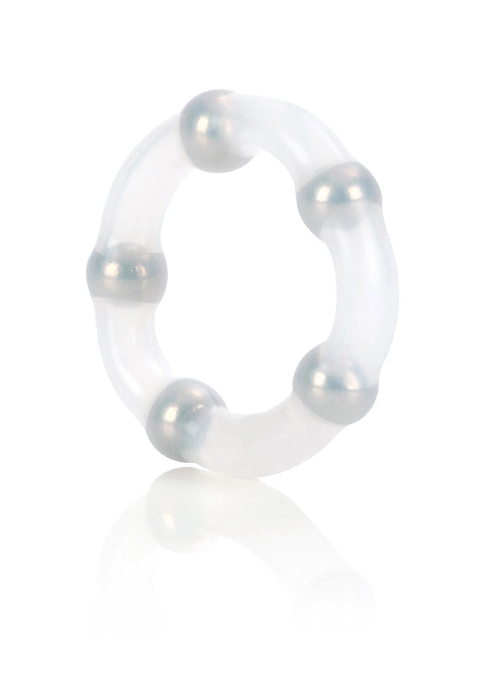 Transparante siliconen ring met metalen bollen, schuin