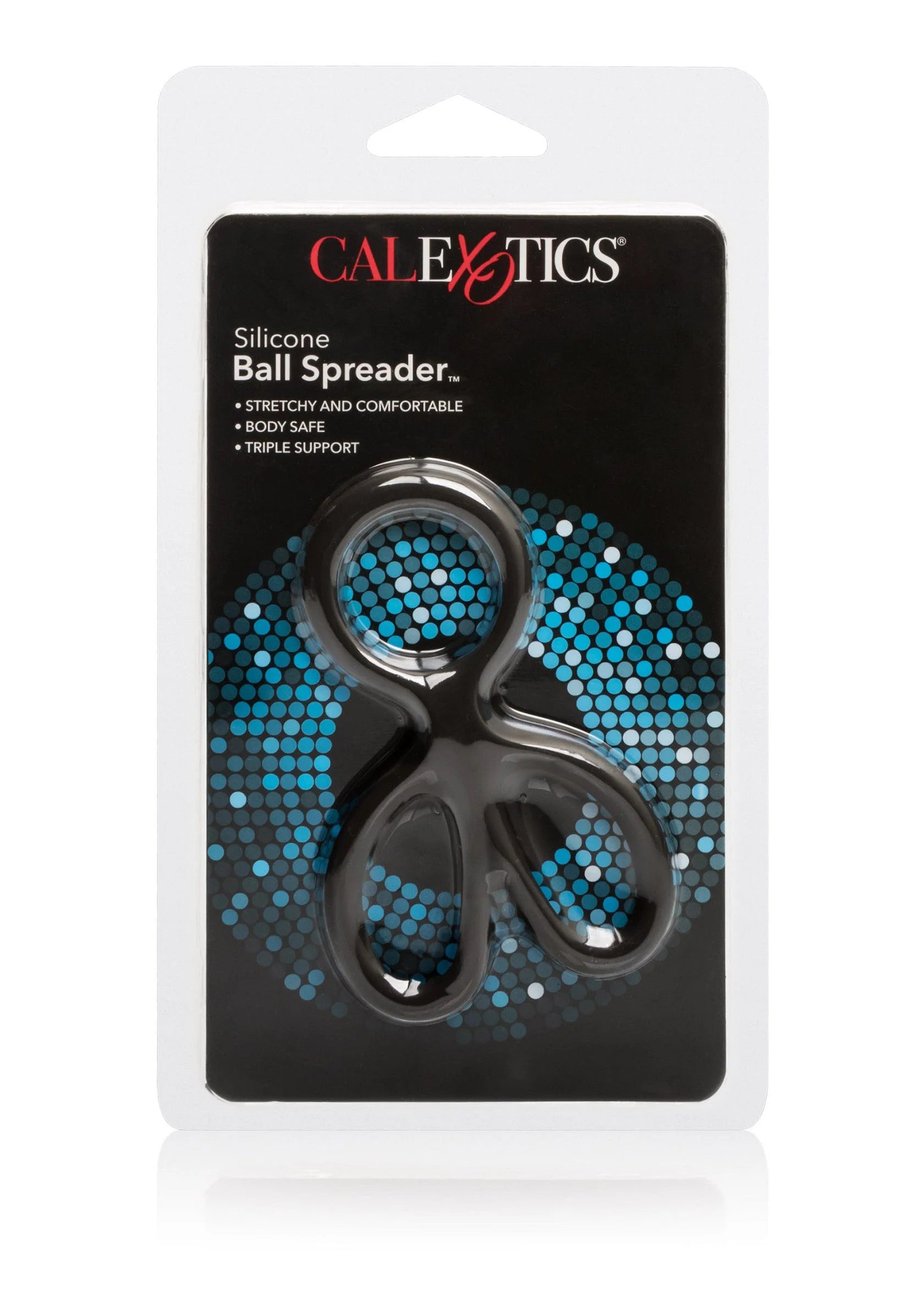 Verpakking van CalExotics met zwarte siliconen balspreider en blauwe bolstructuur