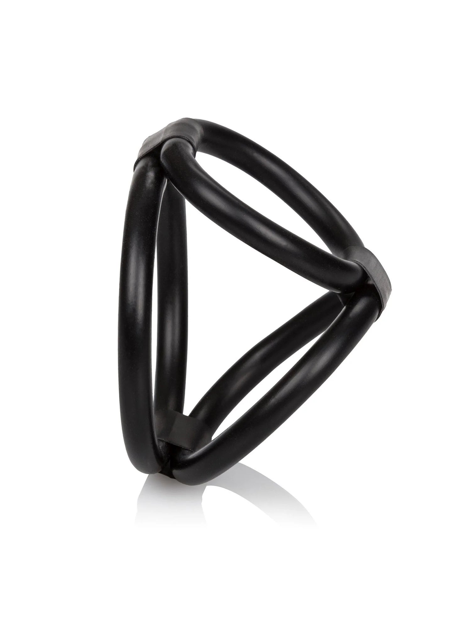 Zwarte cock cage met twee ringen, zicht op de gebogen vorm.