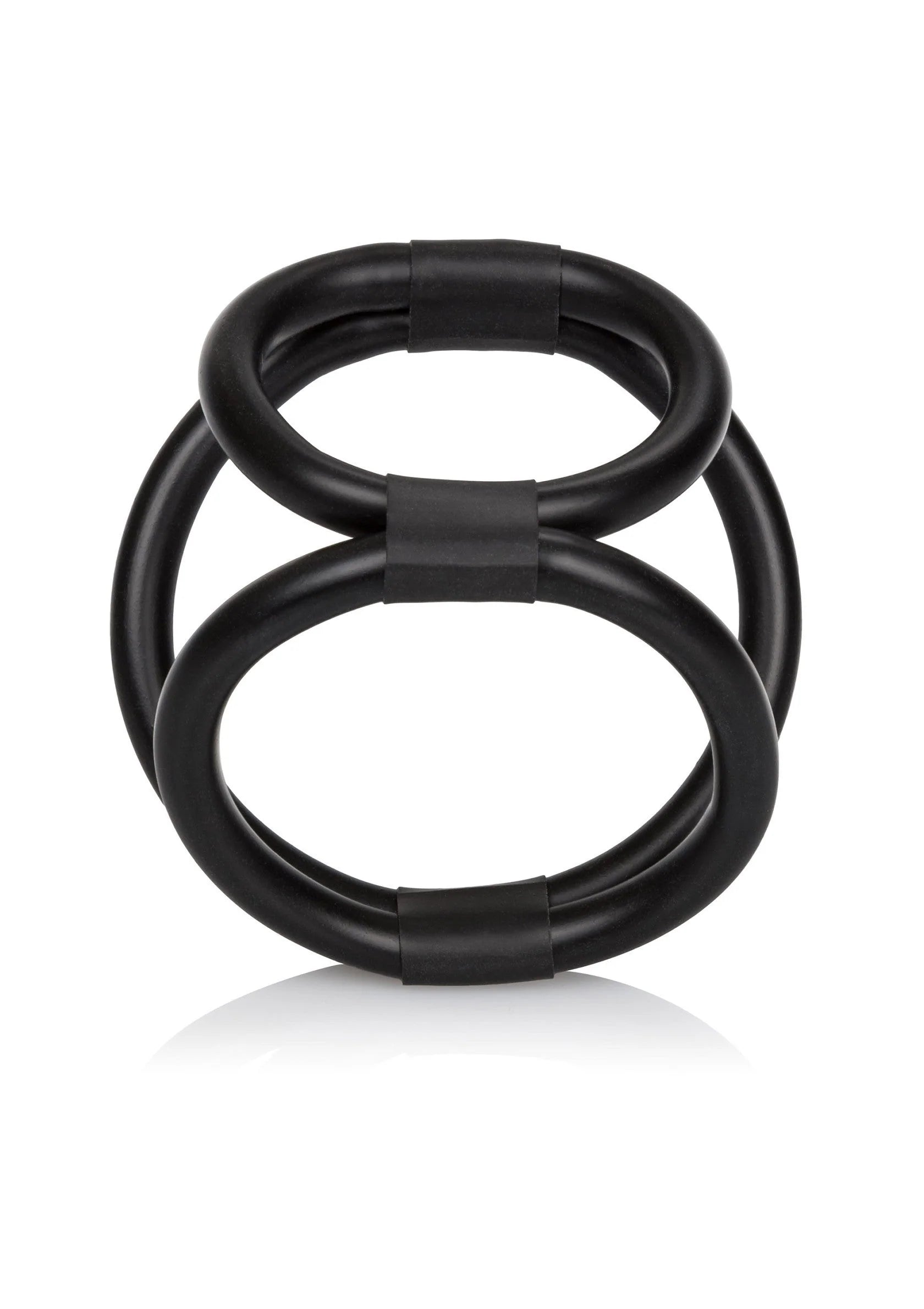 Zwarte cock cage met twee ringen, compact samengebonden met banden.