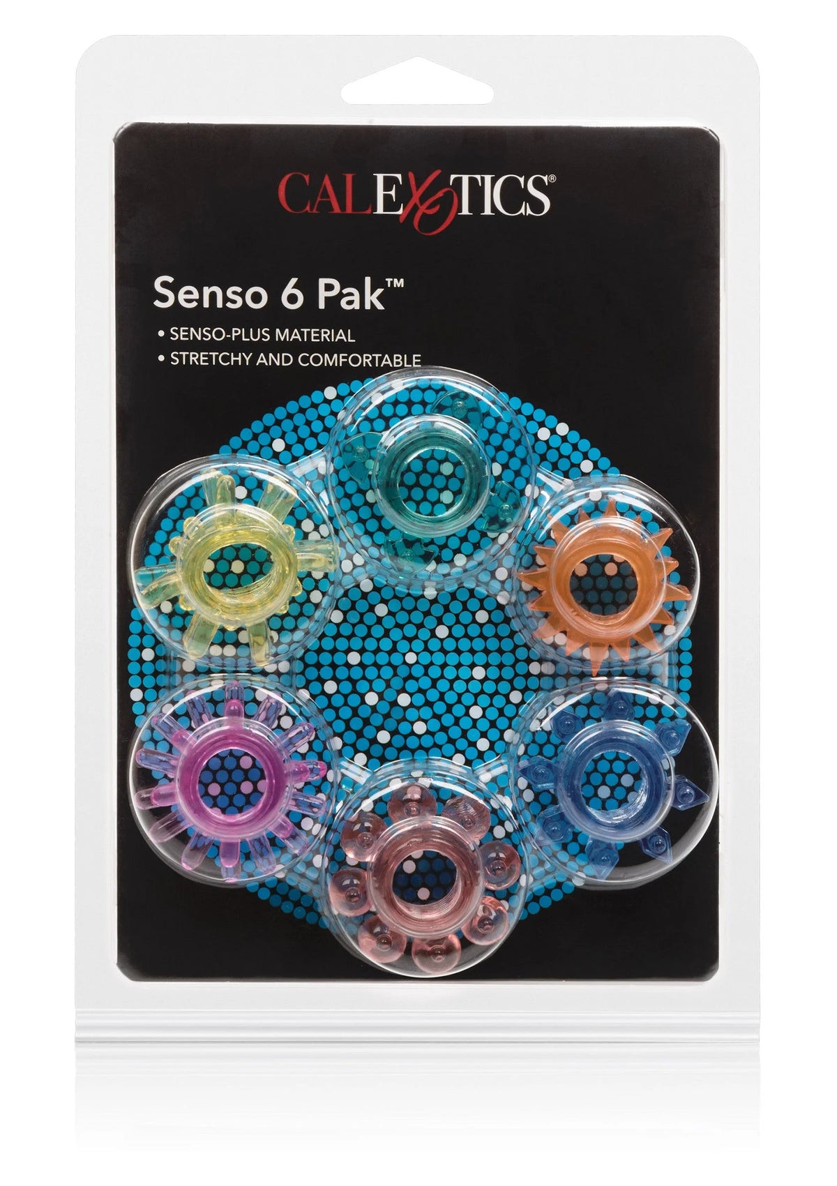 Doos met CalExotics Senso 6 Pal en een blister met gekleurde noppenringen