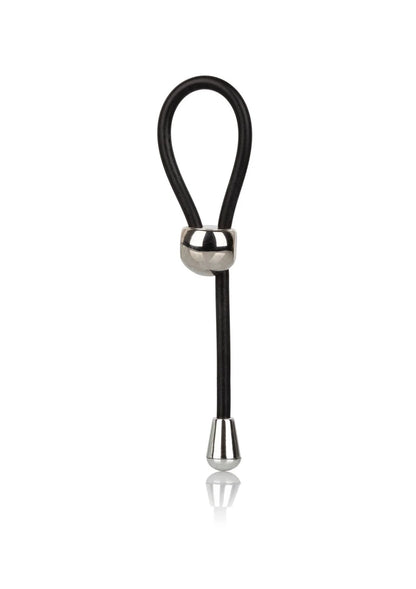 Zwarte siliconen cockring met verstelbare lasso en metalen uiteinden
