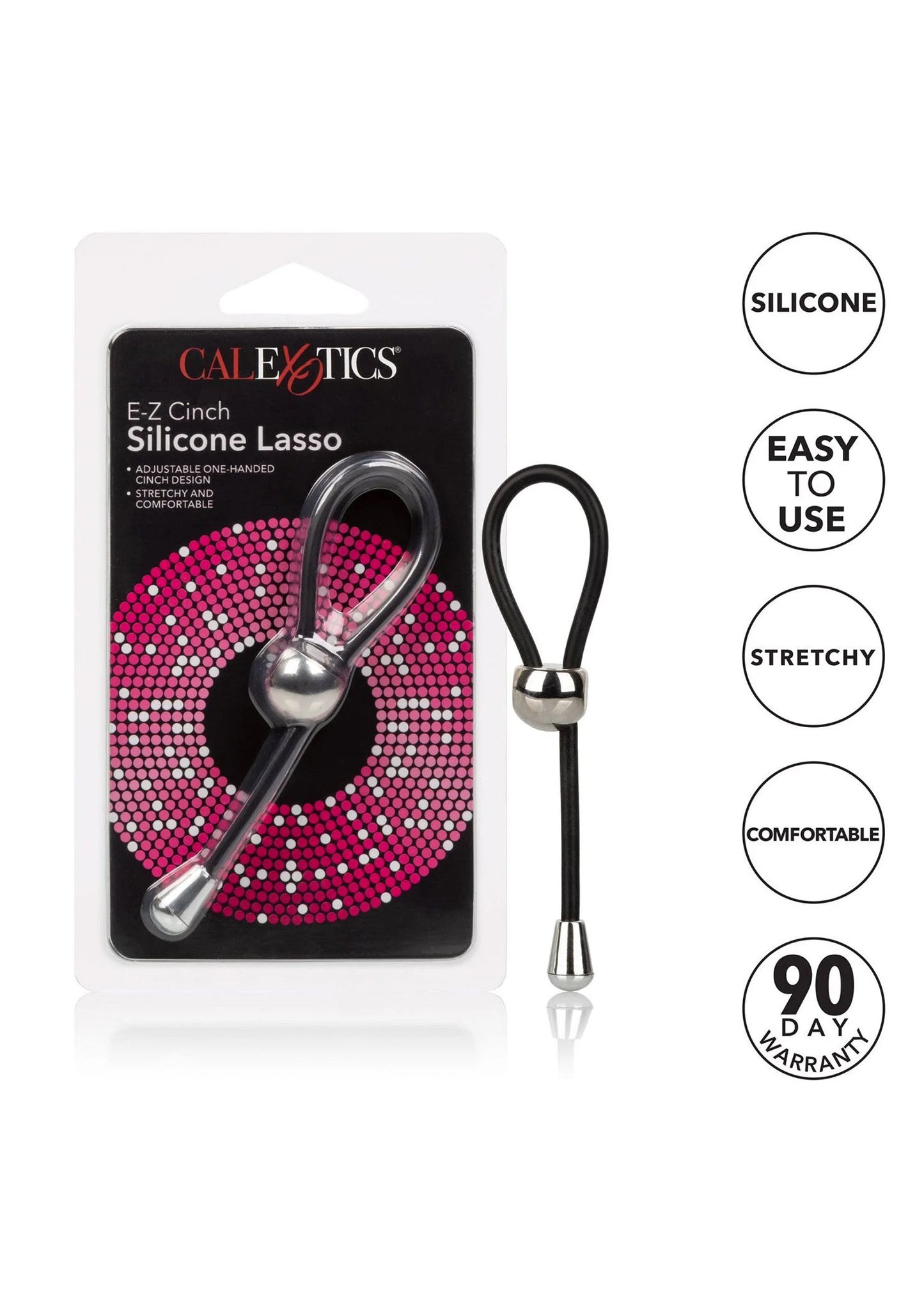 CalExotics siliconen lasso cockring verpakking met losse cockring en metalen sluiting